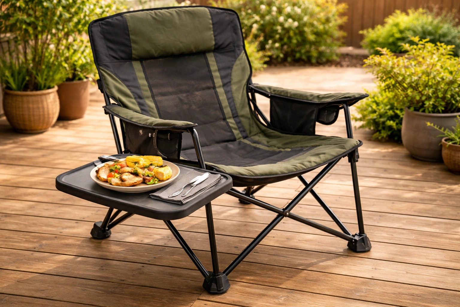 Steel-frame camping chair with swivel side table attached holding plate of food utensils and napkin on wooden deck with backyard fence