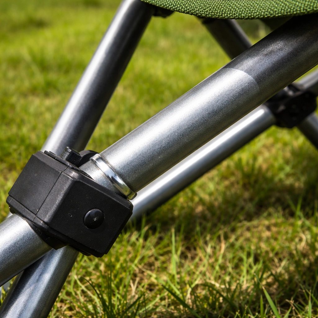 Close-up of thick tubular steel frame joint with clean weld and powder-coated matte finish on green grass