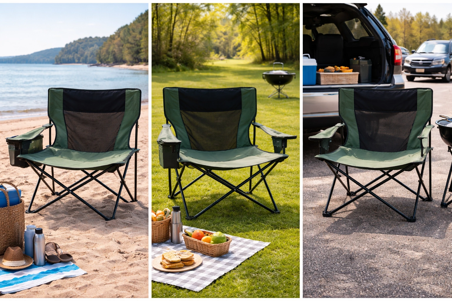 Three-panel panoramic showing same steel-frame camping chair style in three settings: sandy beach grassy park picnic and concrete tailgate lot