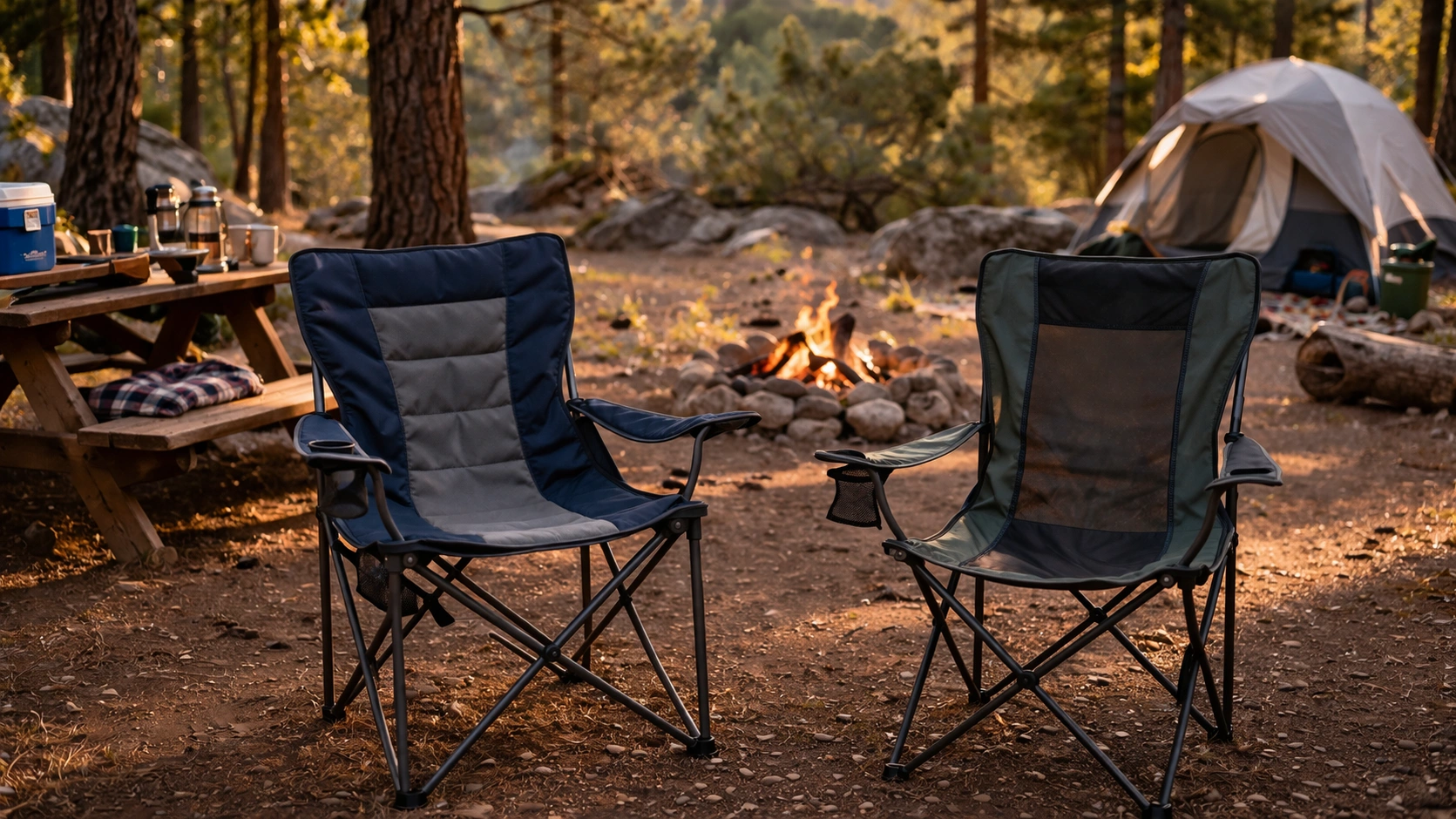 Two different affordable camping chairs side by side at a family campsite with campfire and pine trees