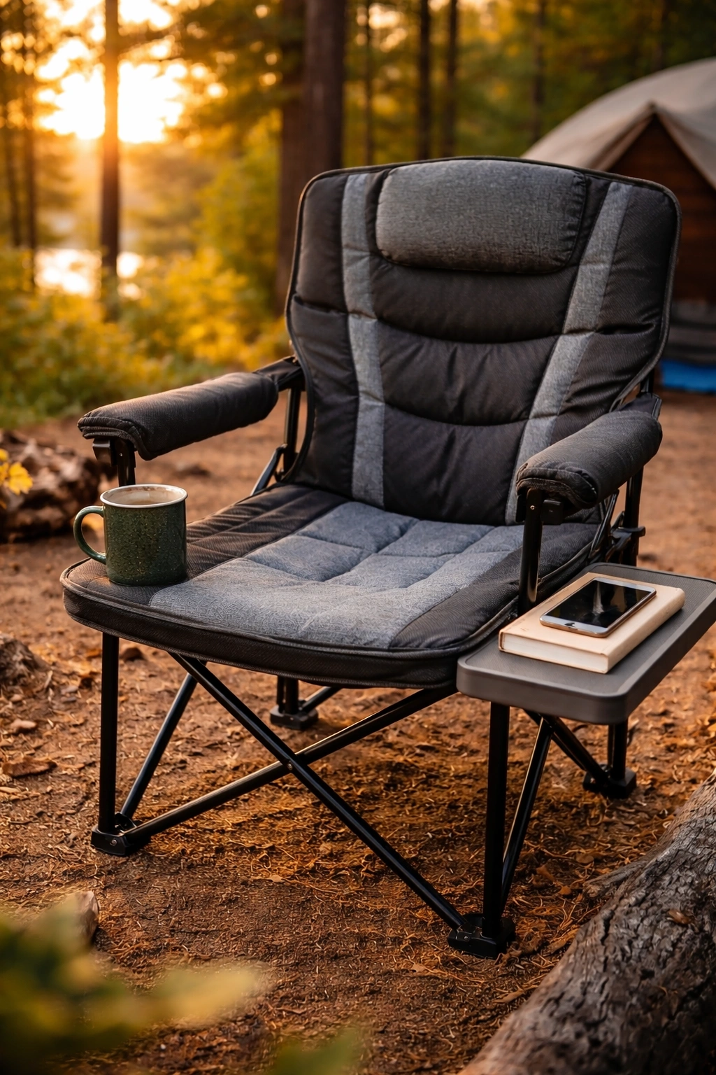 Premium padded camping chair with cup holder and side table at campsite with coffee mug book and phone on table warm firelight glow in background