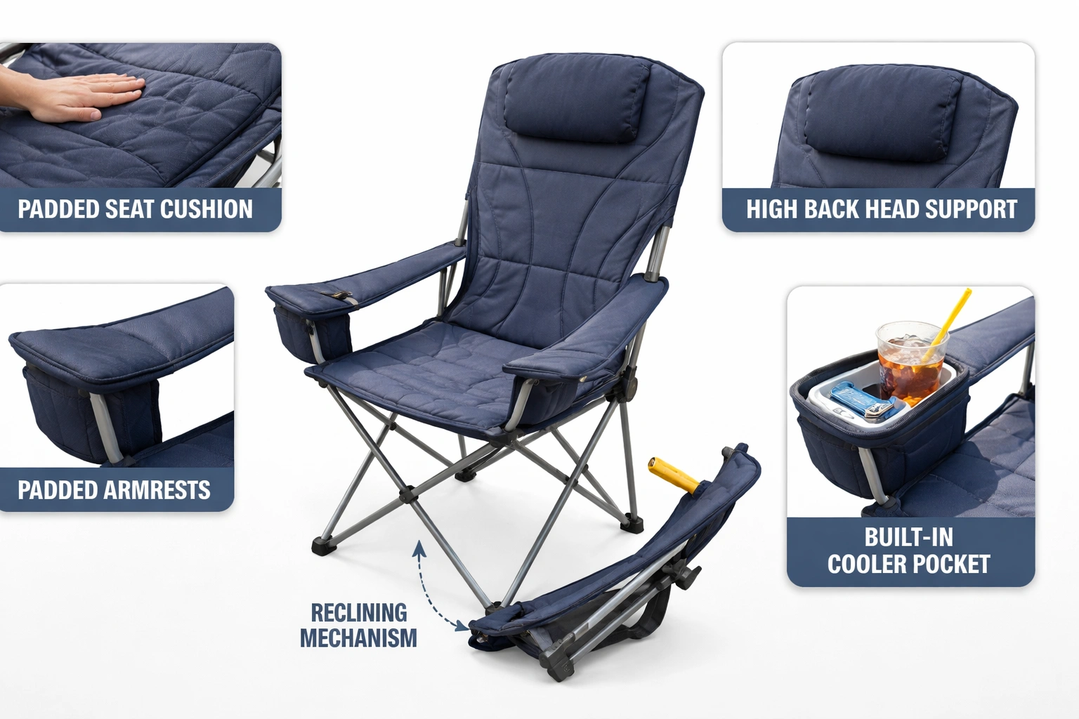 Comfort features of camping chairs: padding, high back, armrests