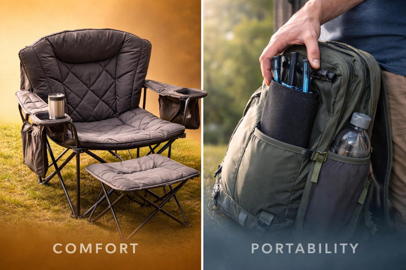 Split comparison image showing plush oversized padded camping chair with ottoman on warm background labeled comfort versus tiny ultralight folded chair inside backpack on cool background labeled portability