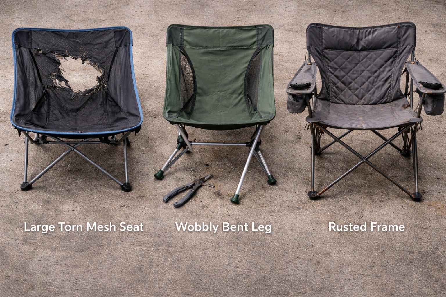 Top-down flat lay of three damaged camping chairs showing torn mesh seat wobbly bent leg with loose rivets and orange rust spots on steel frame