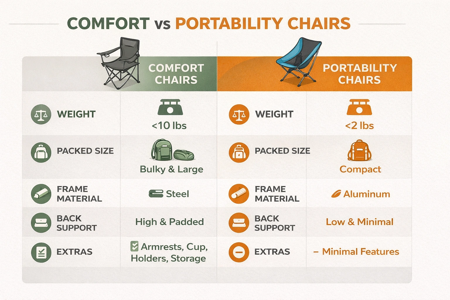 Comparison chart of comfort vs portability camping chairs