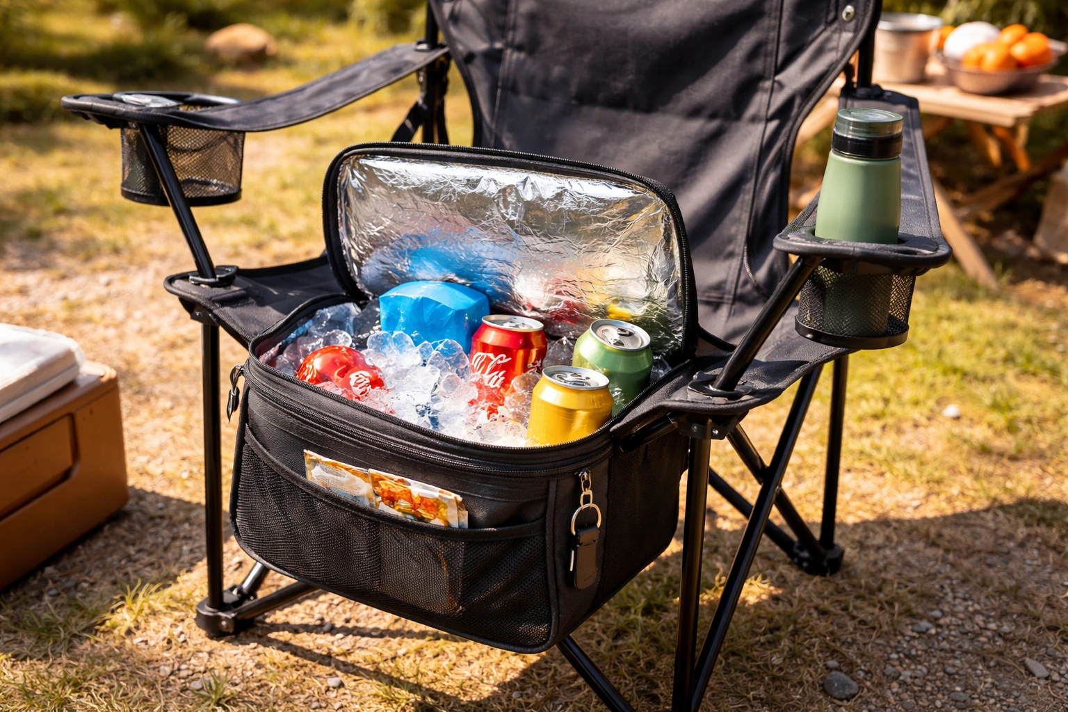 Insulated cooler bag on camping chair