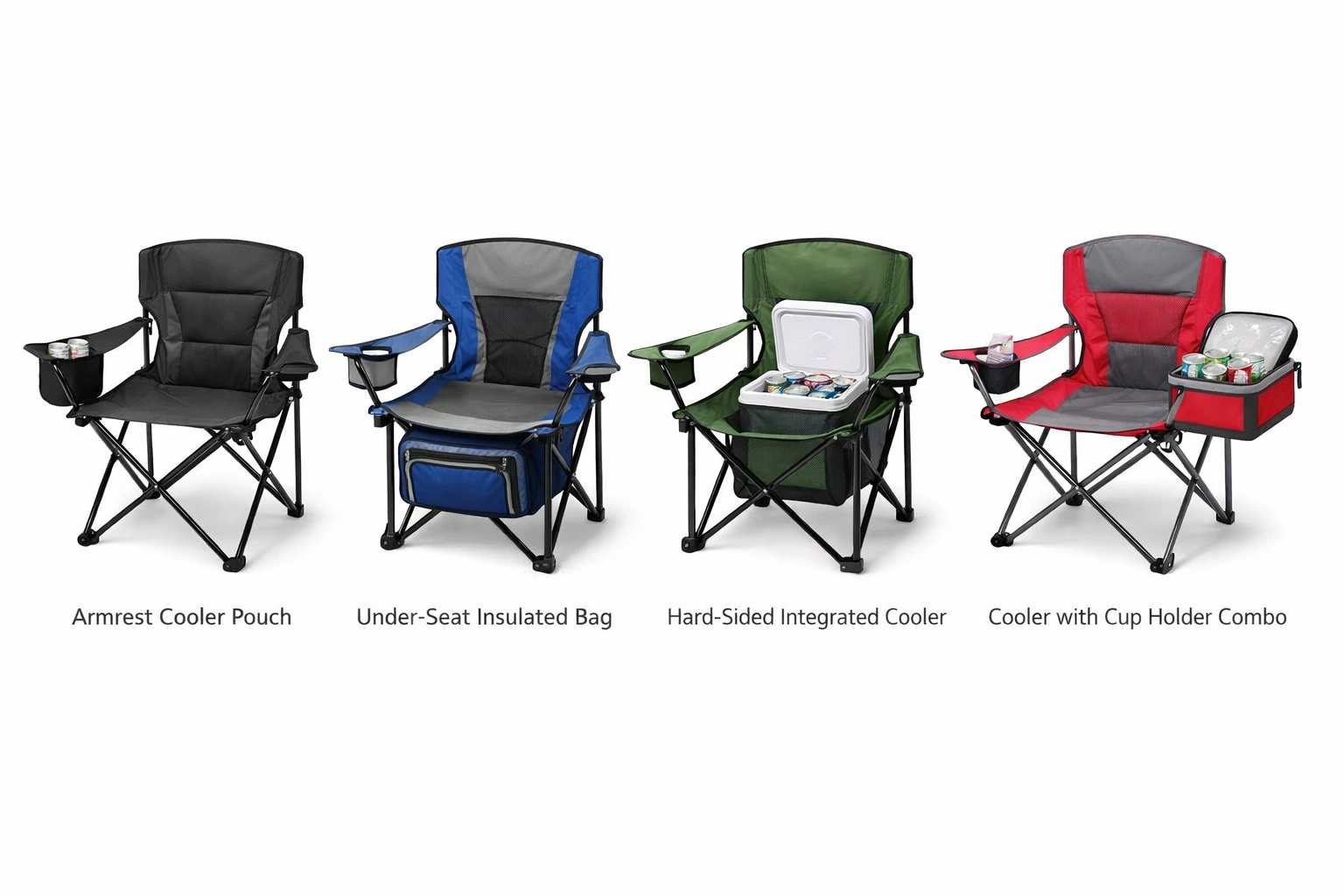 Comparison of different camping chair styles with built-in coolers