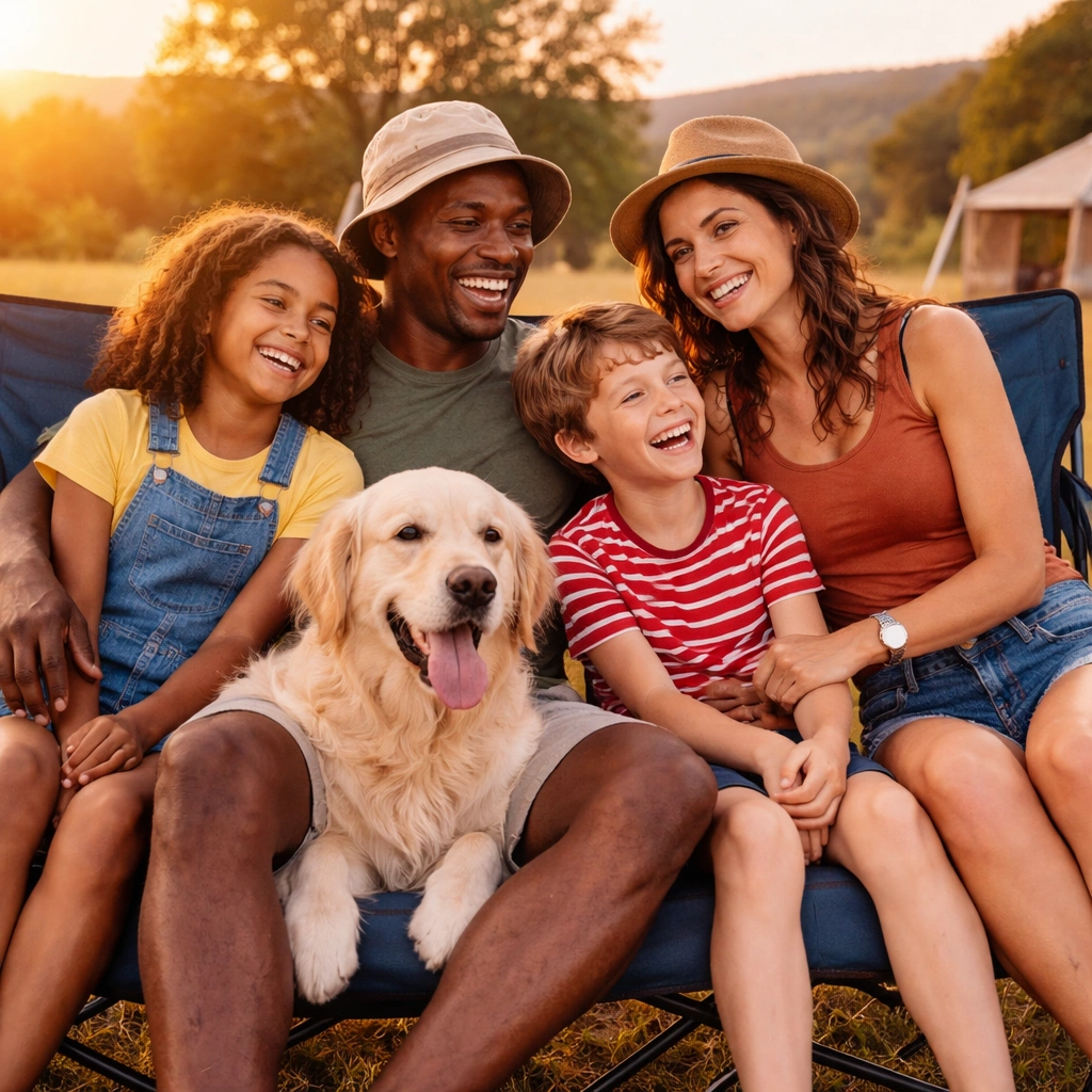 Happy family on portable camping couch
