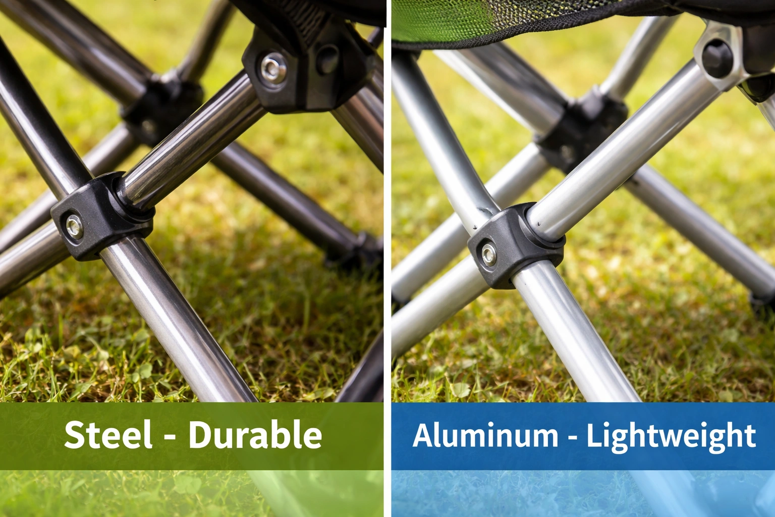 Close-up of camping couch fabric and frame materials