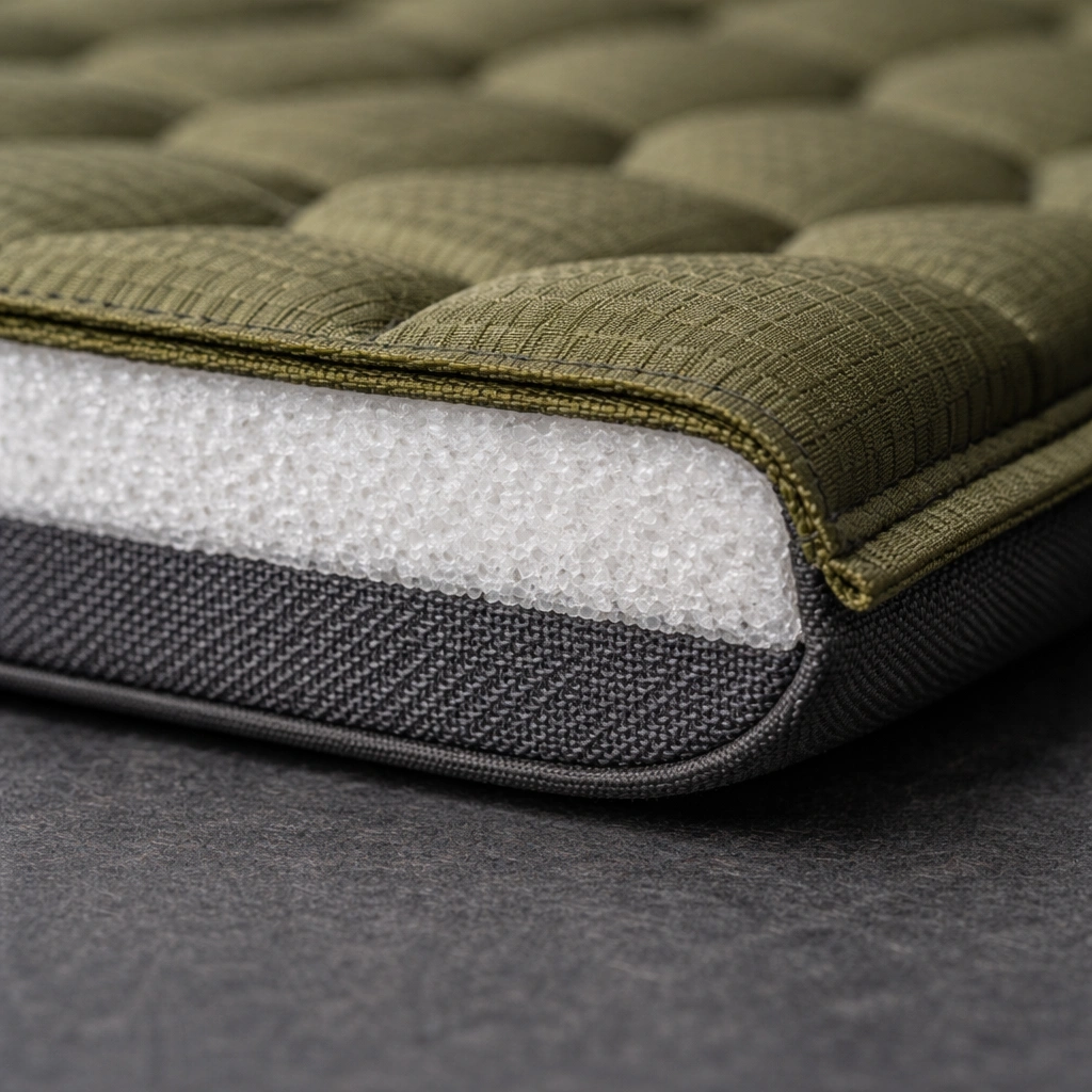 Macro cross-section edge of camping chair pad showing layered construction with top ripstop nylon fabric, middle closed-cell foam core, and bottom polyester backing