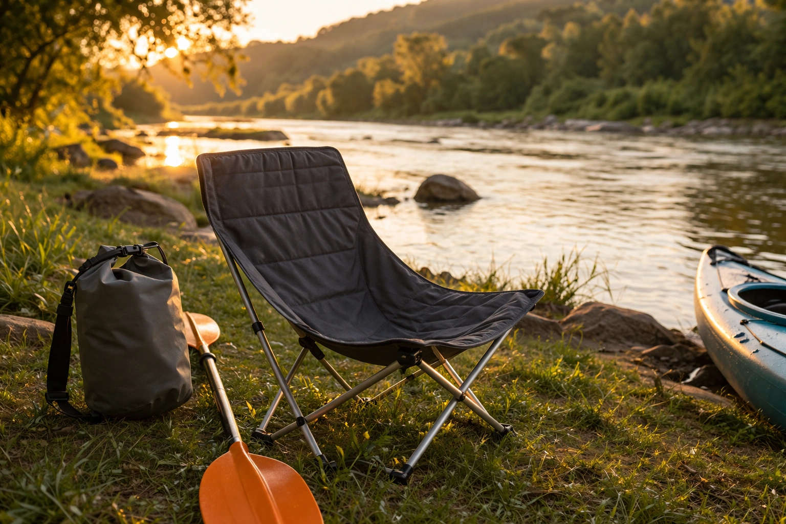 Collapsible camping chair with lightweight aluminum frame and padded fabric seat on grassy riverbank at golden hour with dry bag and kayak paddle nearby