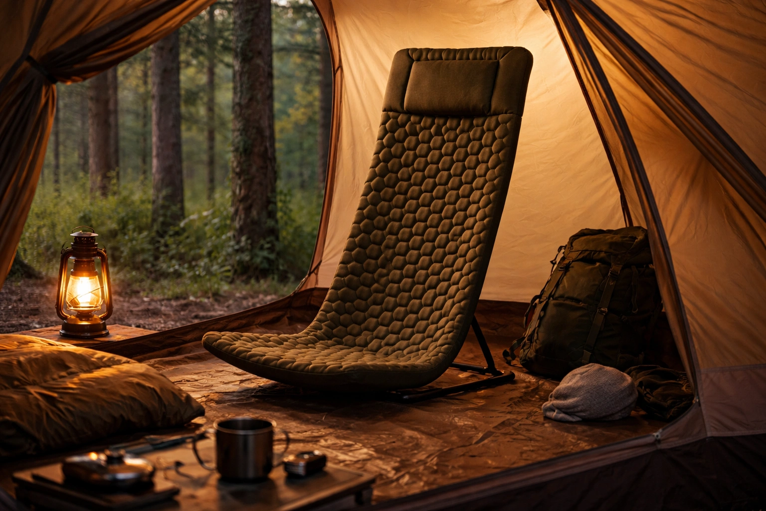 Tall high-back foam camping chair with padded headrest set up inside spacious tent at forest campsite with warm lantern light and forest visible through tent door