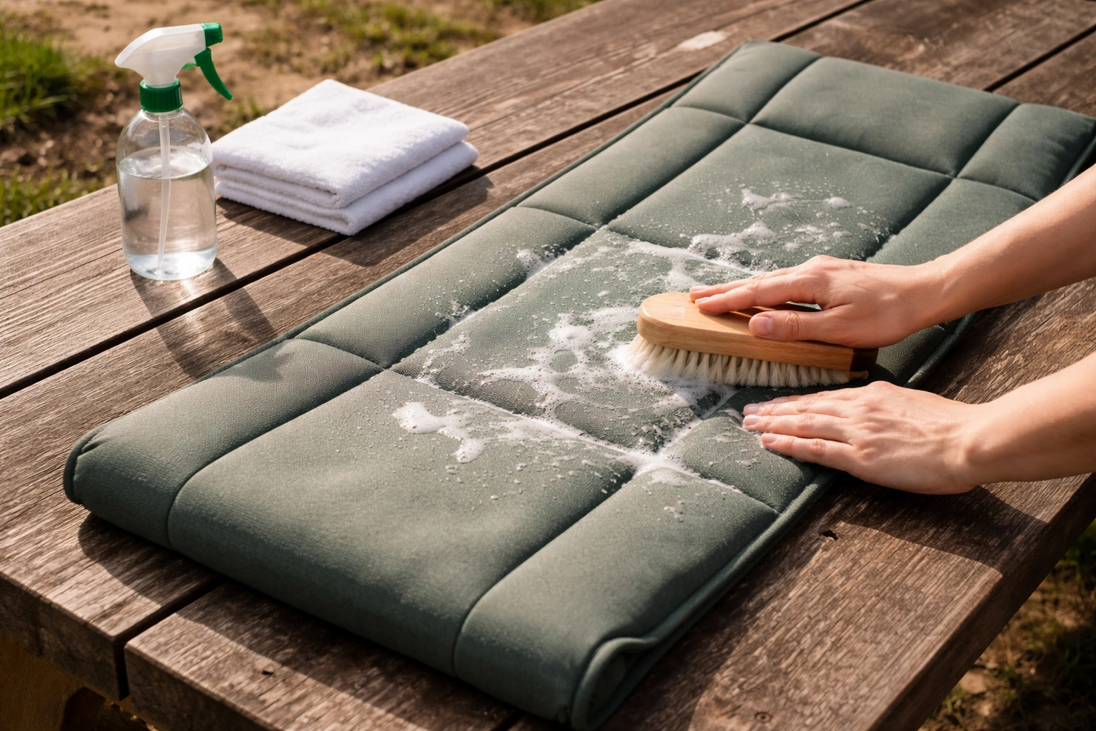 Hands gently scrubbing nylon fabric surface of flat foam camping chair pad with soft brush and soapy water on picnic table with spray bottle and towel nearby