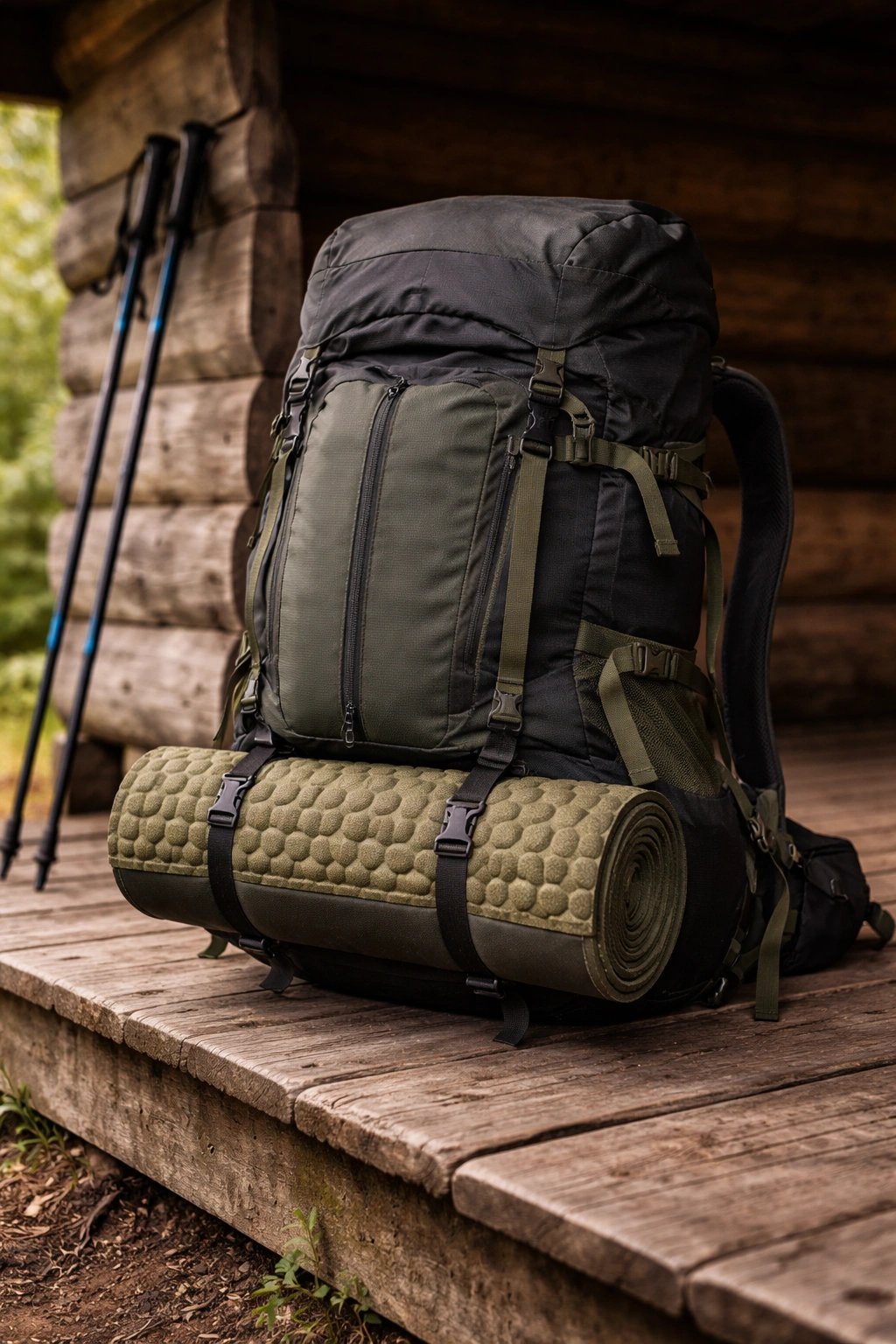 Rolled foam camping chair strapped to outside of large hiking backpack with compression straps on wooden trail shelter floor with hiking poles nearby