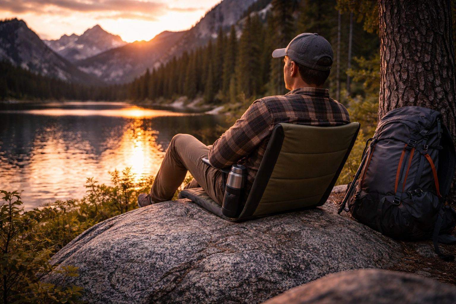 Person sitting in foam-pad camping chair on granite boulder at alpine lake at sunset with backpack leaning against tree and warm golden light on water