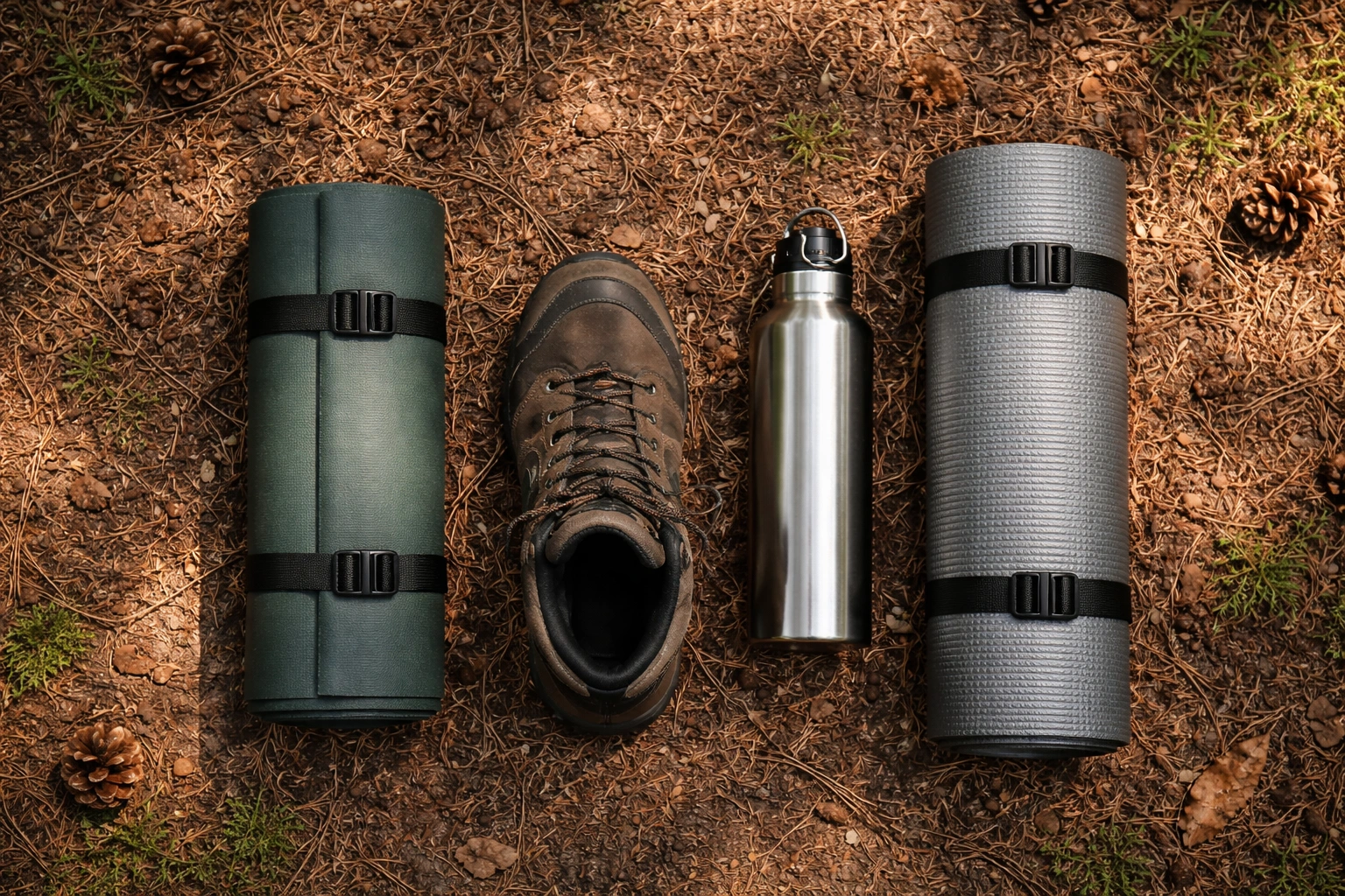 Top-down flat lay of rolled foam camping chair with straps beside hiking boot, water bottle, and rolled sleeping pad on pine needles with dappled forest daylight