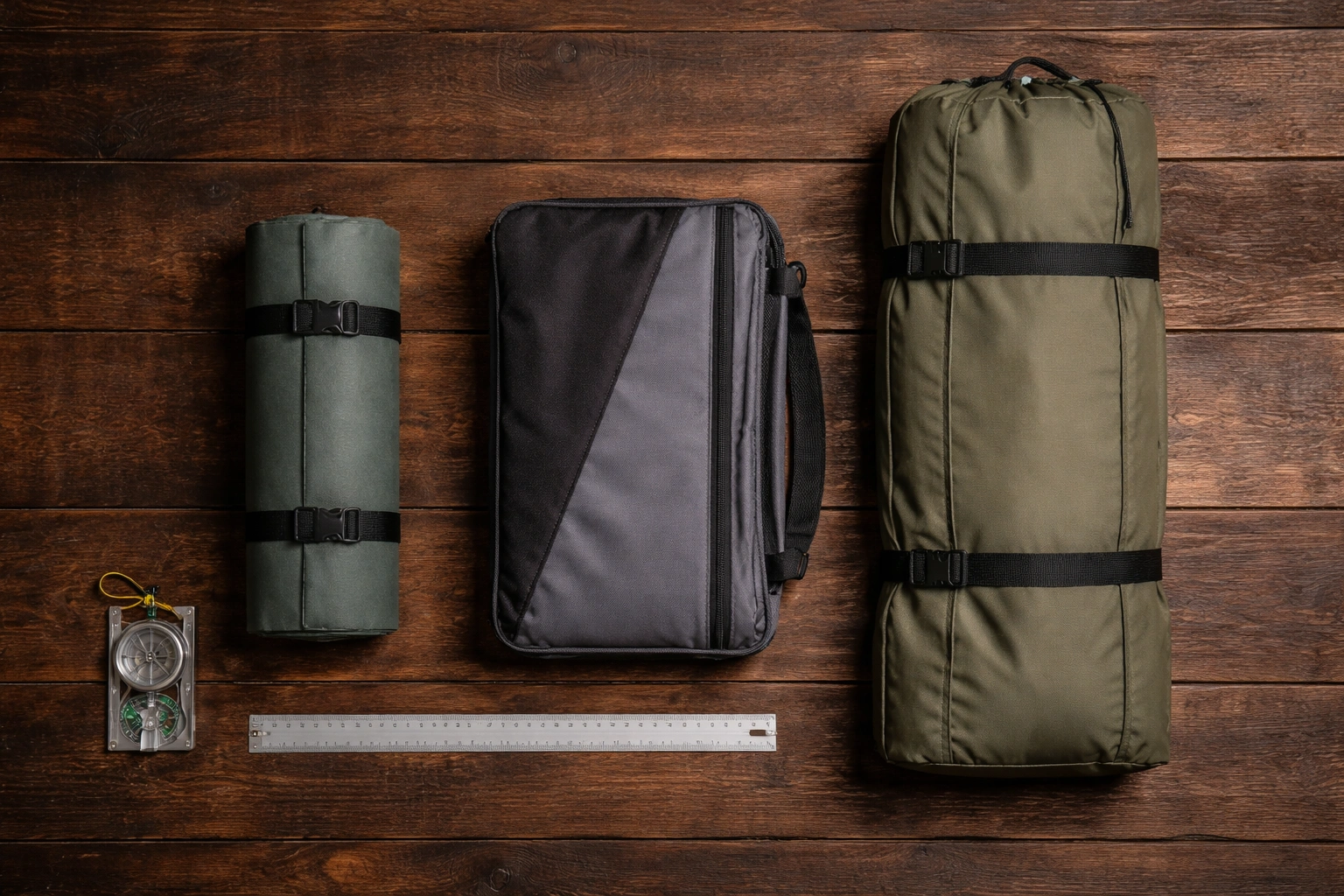 Three different camping chairs in packed states arranged on dark wooden floor from small rolled cylinder to medium flat-folded panel to larger folded bundle with ruler for scale