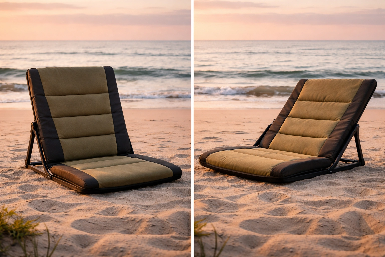 Foam-padded reclining camping chair shown in two positions side by side upright and reclined on sandy beach at sunrise with calm ocean waves and pastel dawn colors