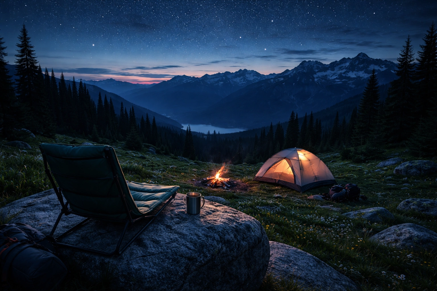 Elevated wide-angle of pristine backcountry campsite at blue hour on mountain meadow with foam-pad camping chair on flat rock as focal point, small tent glowing, star-filled sky, distant peaks