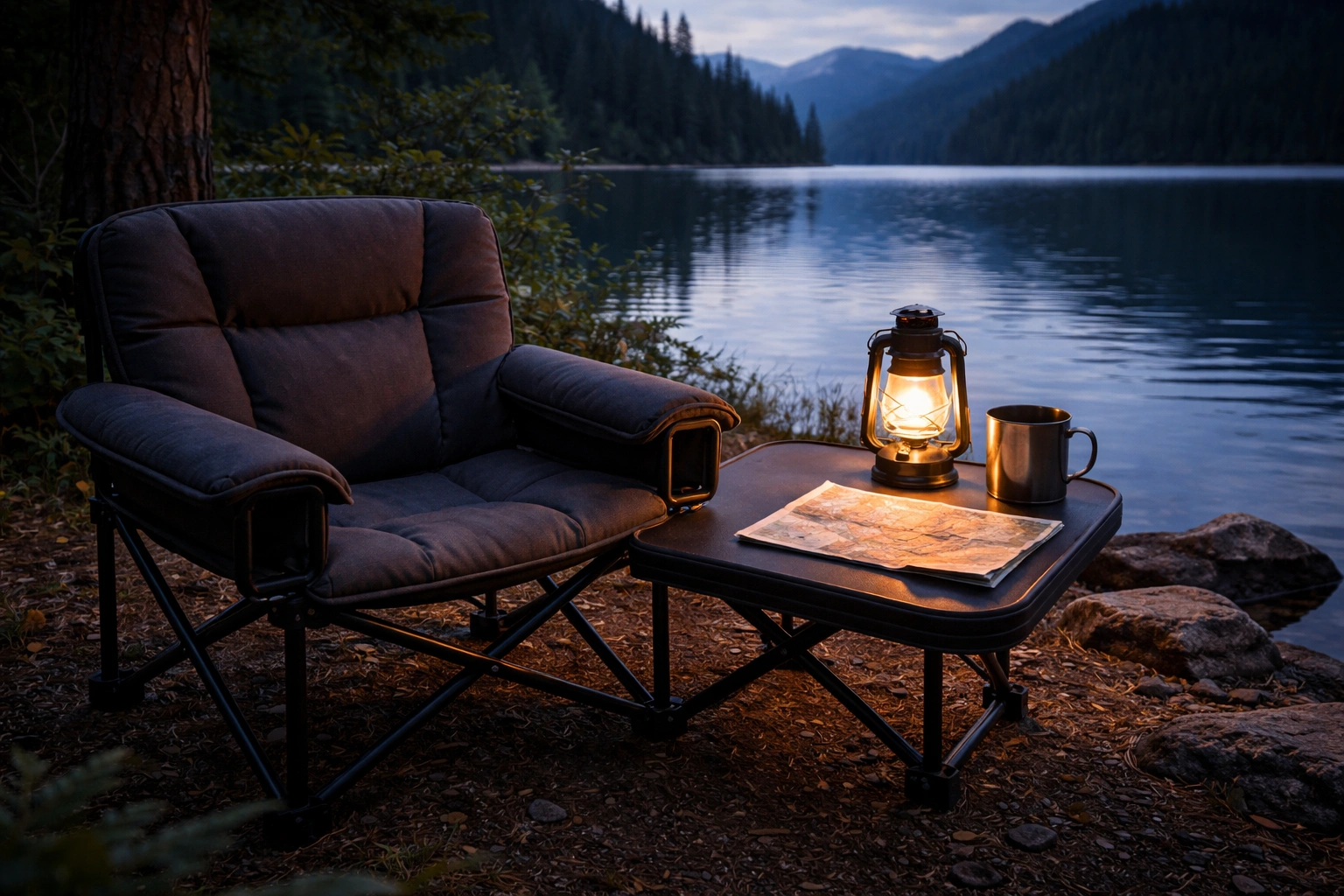 Beautiful camp chair with side table at lake edge at twilight with lantern, mug, and map arranged on the table