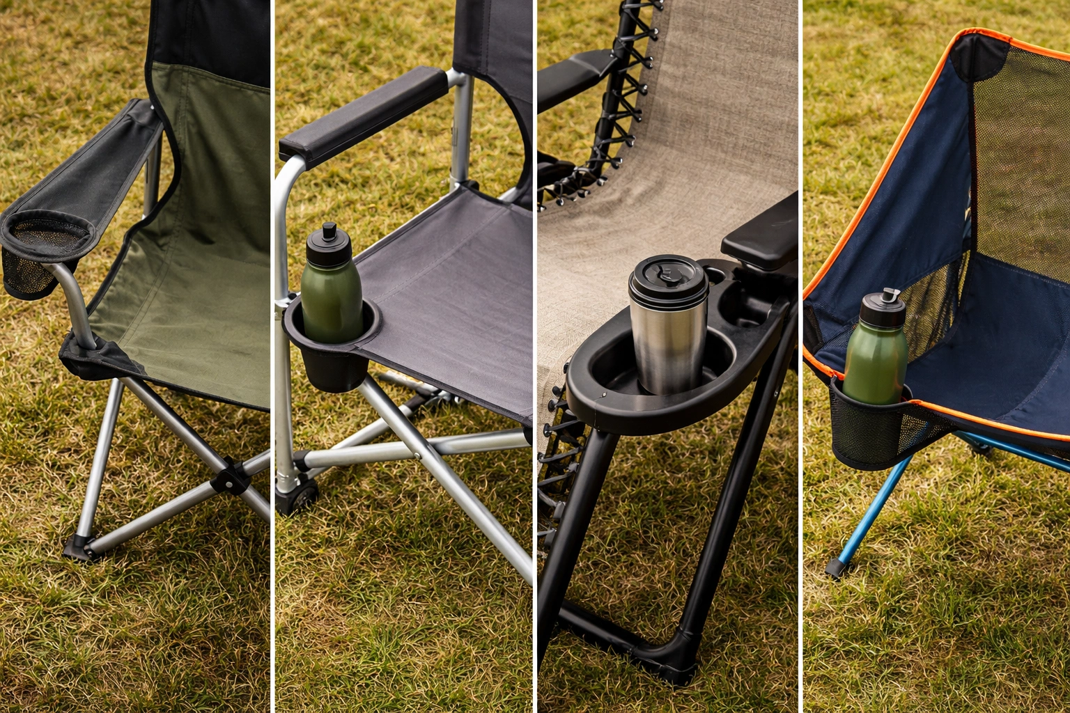 Four different camping chairs showing different cup holder styles — mesh pocket director chair ring zero gravity tray and ultralight mesh