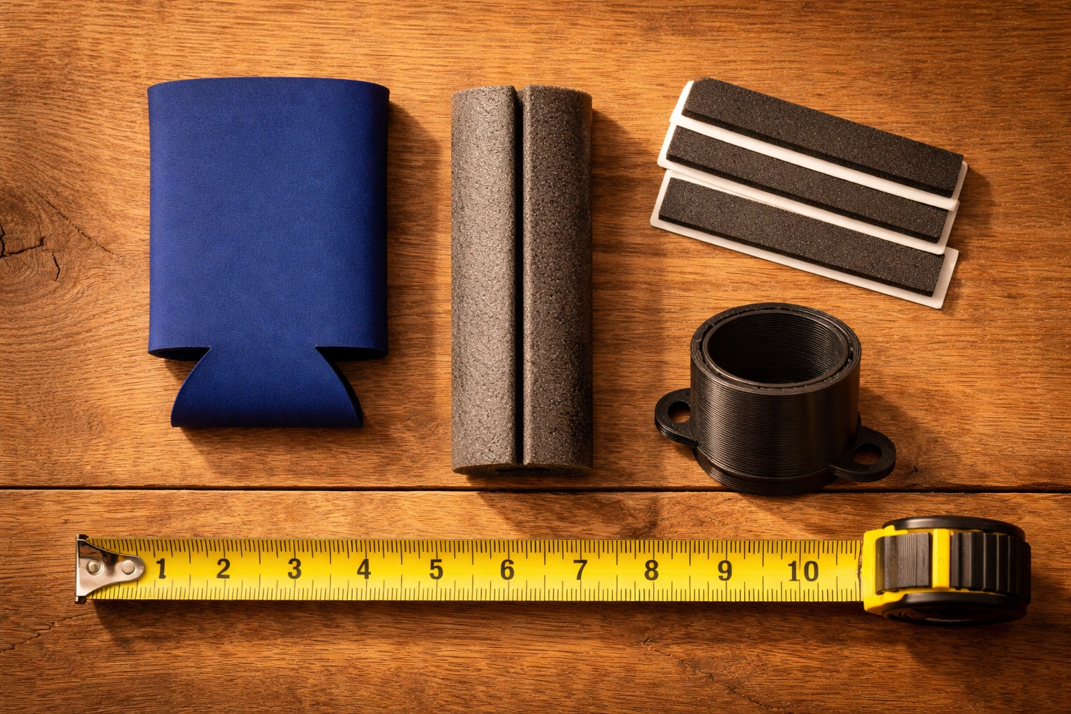 Flat lay of DIY cup holder alternatives including foam koozie pipe insulation 3D-printed adapter and foam strips on wooden table