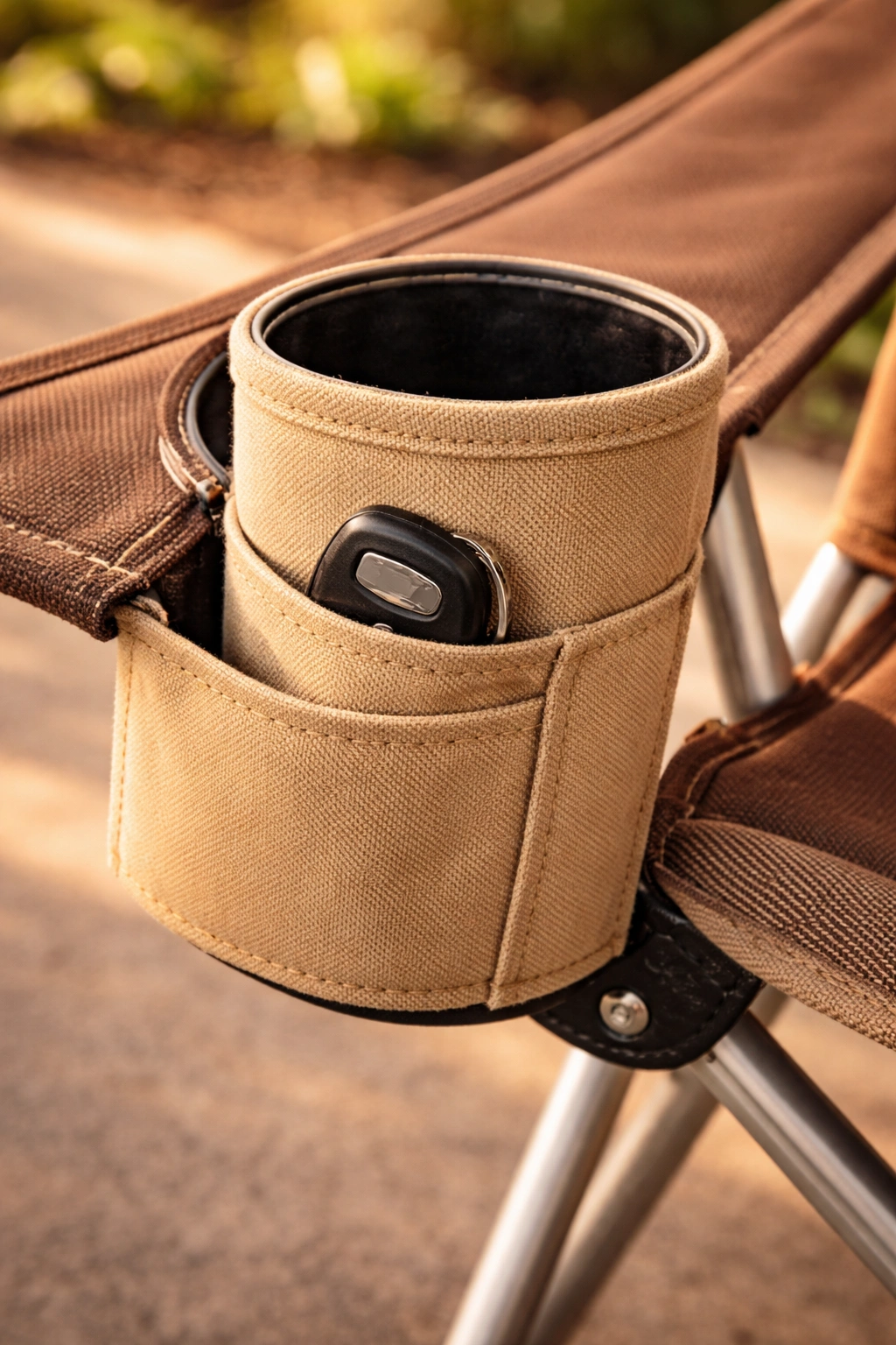 Tan canvas fabric cup holder sleeve with side pocket holding key inside director chair cup holder