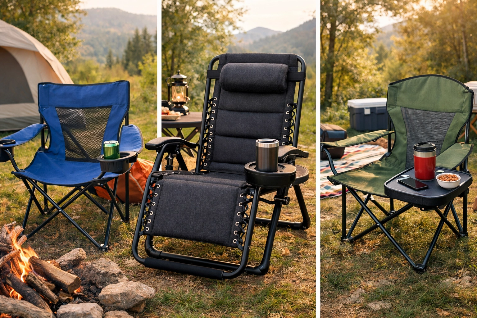 Different cup holder placement positions on camping chairs