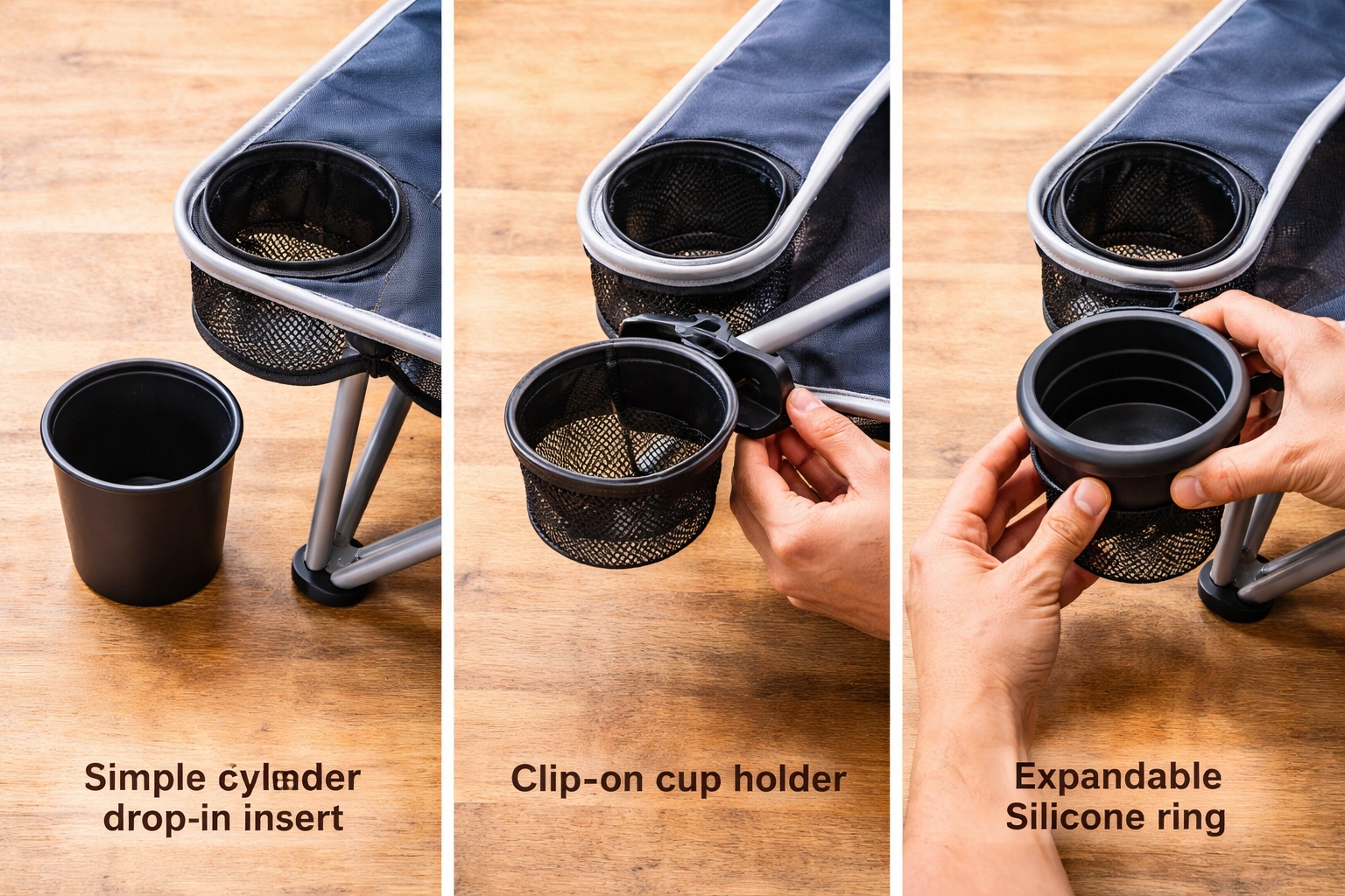 Clip-on cup holder attached to chair frame tube with strap mechanism