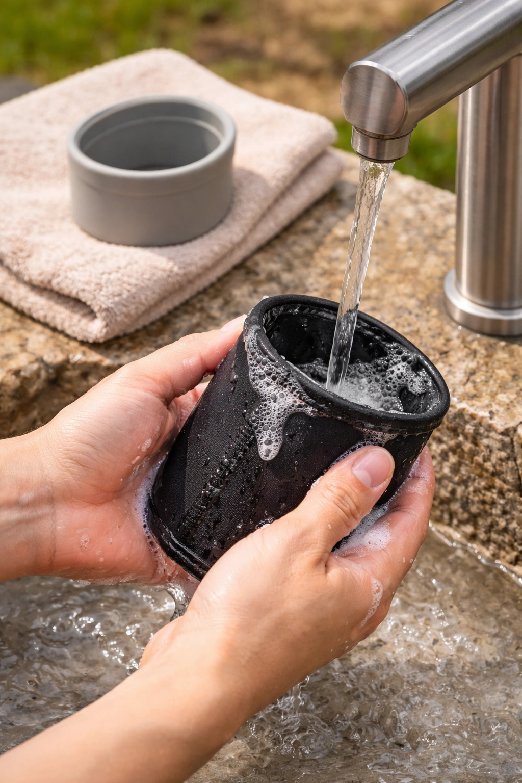 Hands washing neoprene cup holder insert under outdoor faucet with soap suds and silicone insert drying on towel