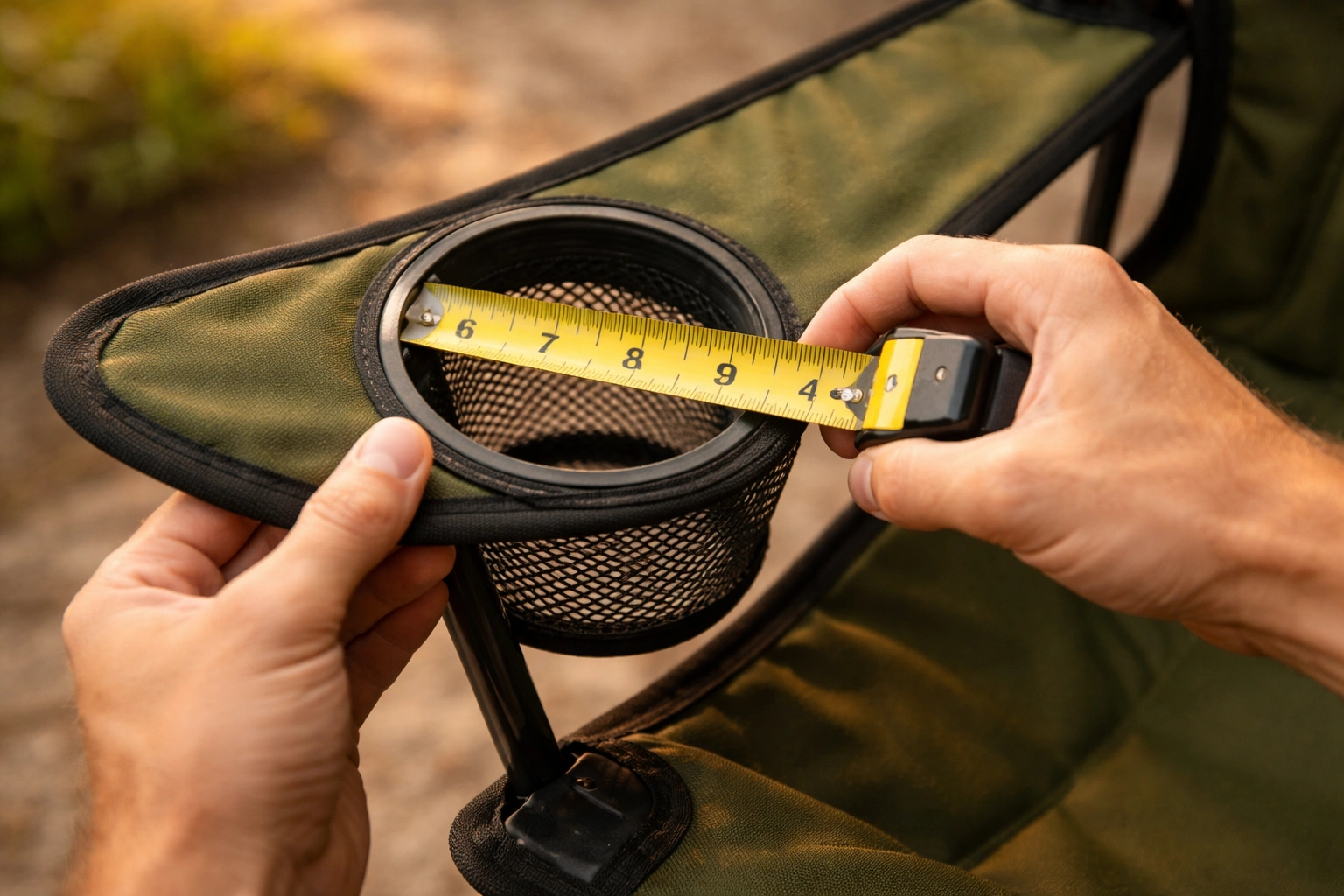 Person using yellow tape measure to measure inner diameter of camping chair mesh cup holder