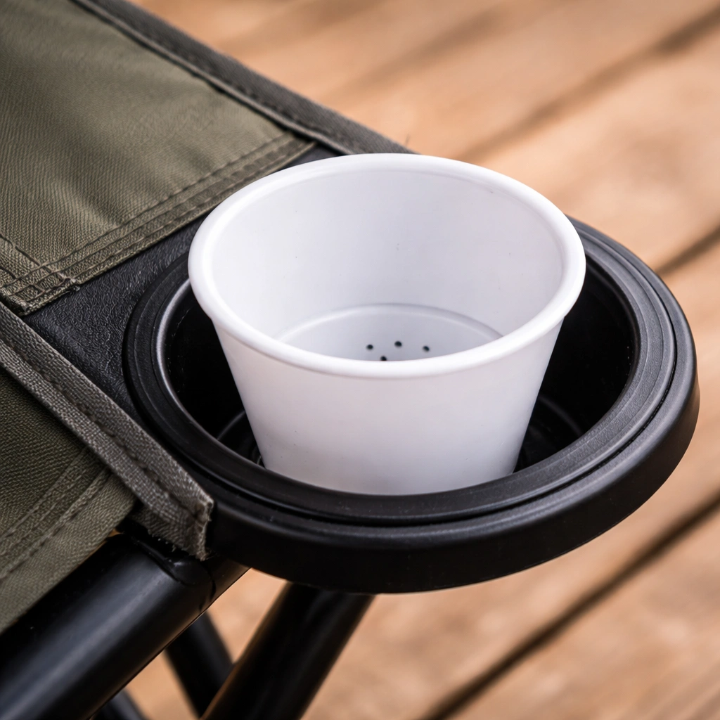 White rigid polypropylene cup holder reducer adapter with drain holes sitting in chair cup ring on wooden deck