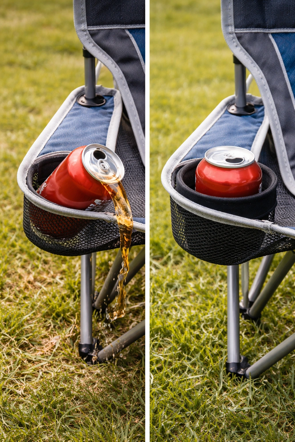 Comparison of soda can spilling from shallow mesh cup holder versus stable can inside neoprene insert