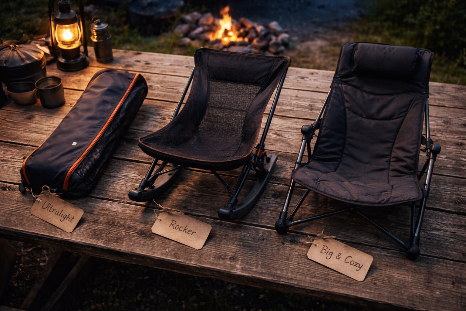 Three premium camping chairs arranged on a rustic wooden table at twilight campsite with warm campfire glow and stars in the background