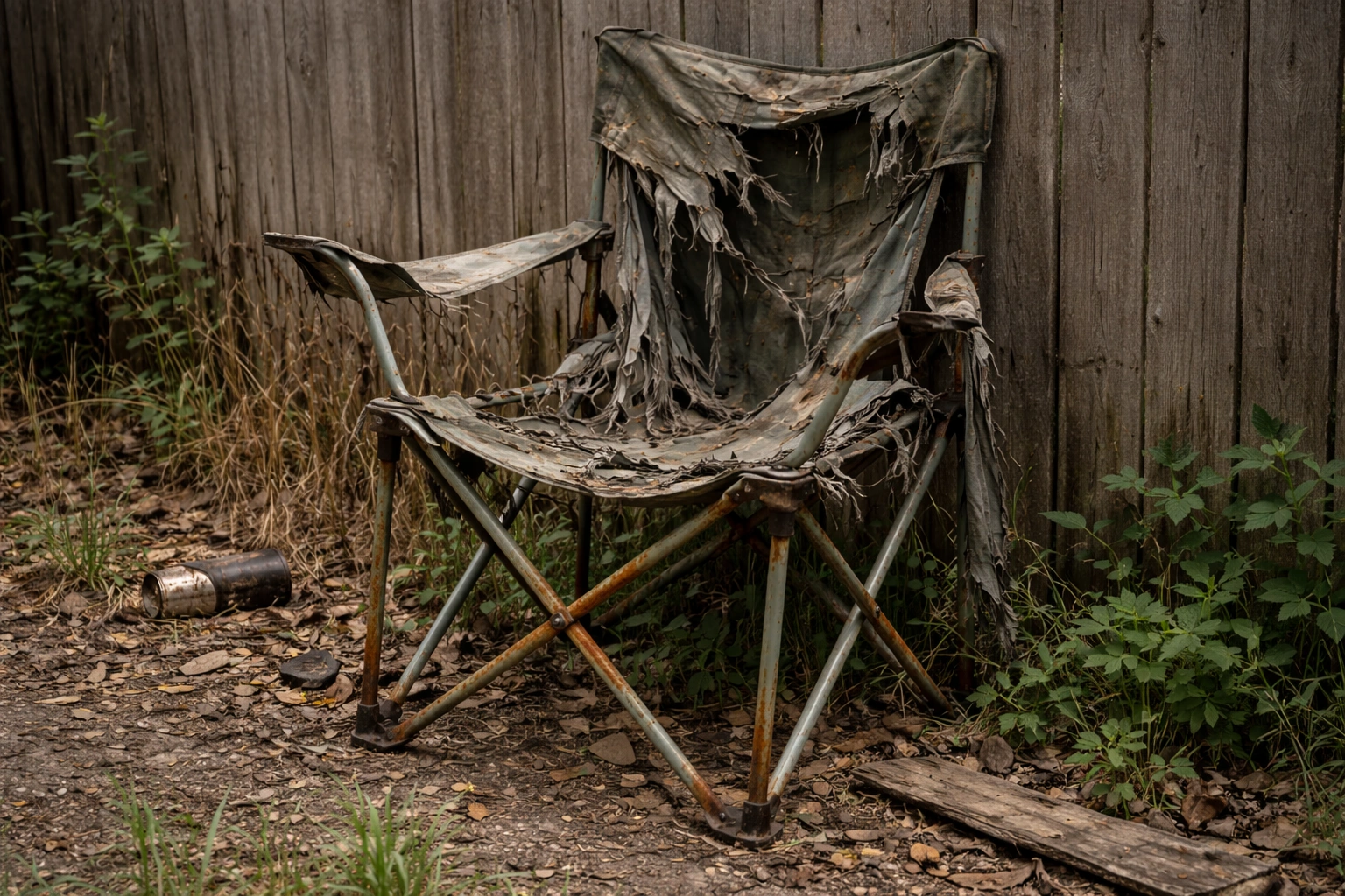 Severely damaged camping chair beyond repair leaning against wooden fence with cracked bent frame shredded fabric heavy rust and broken plastic armrest in overgrown backyard