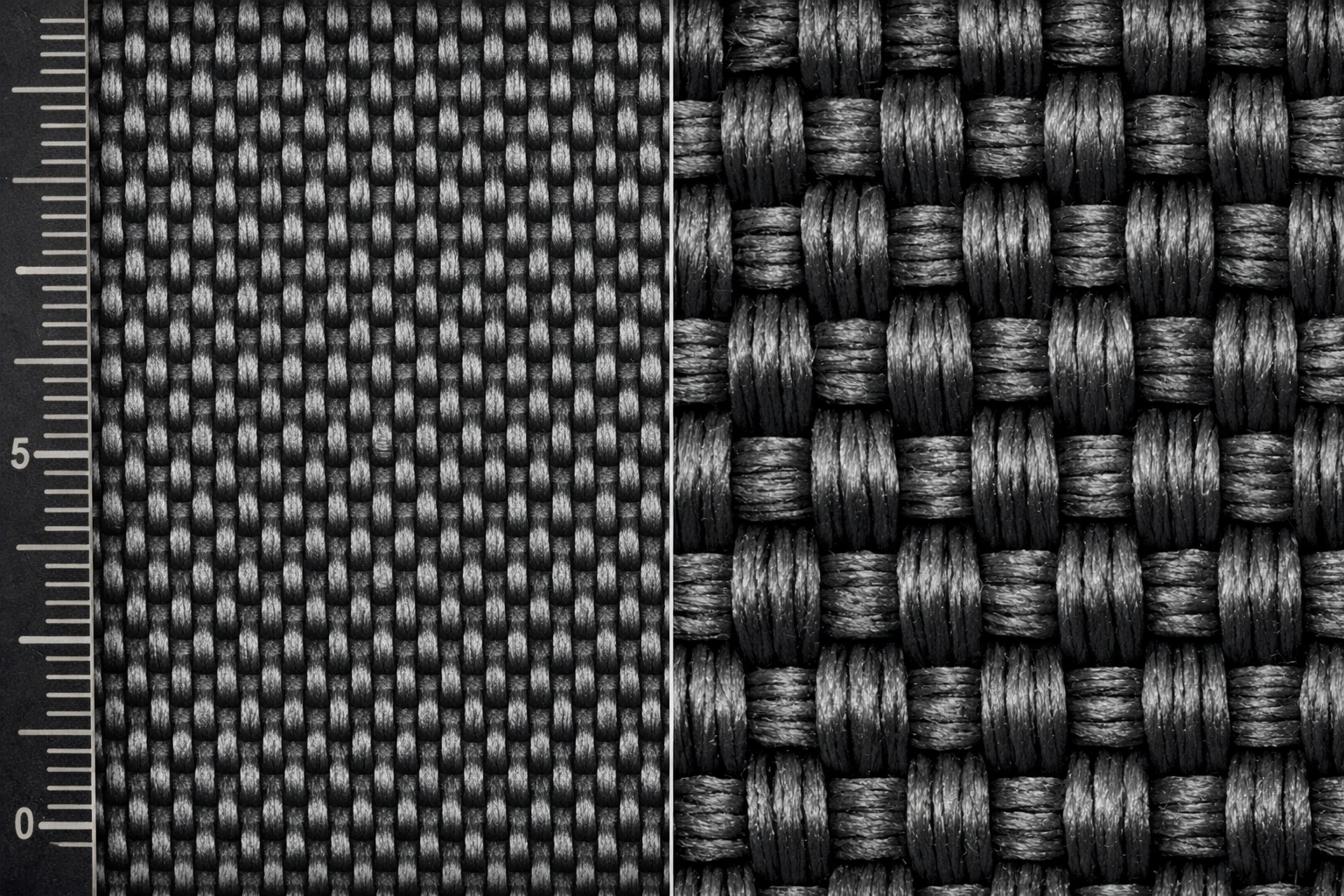 Macro close-up comparing fine 200D weave on the left with thicker 600D weave on the right showing fiber thickness difference