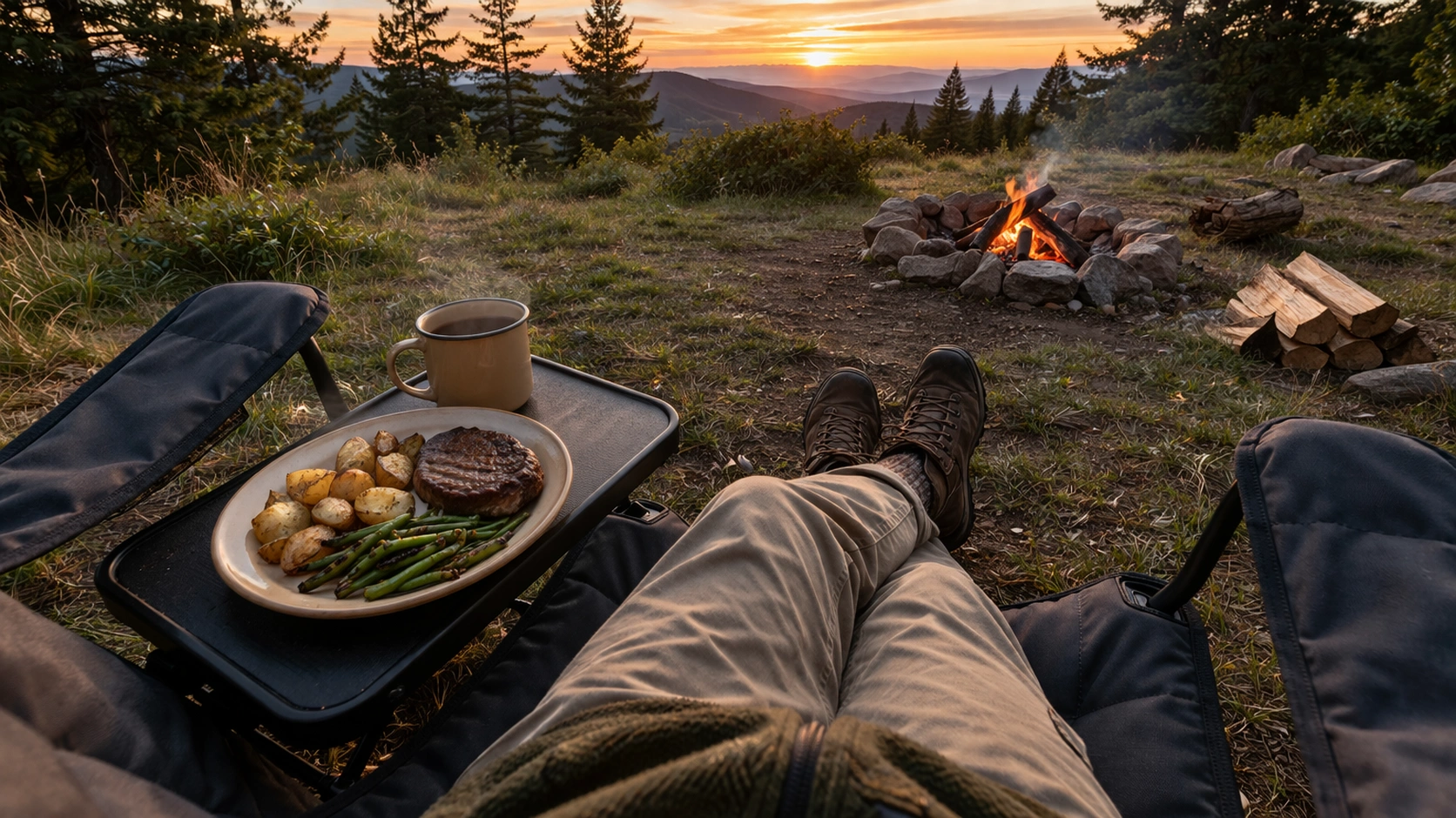 Person's hands adjusting the armrest height of a camp chair with side table in a bright outdoor setting