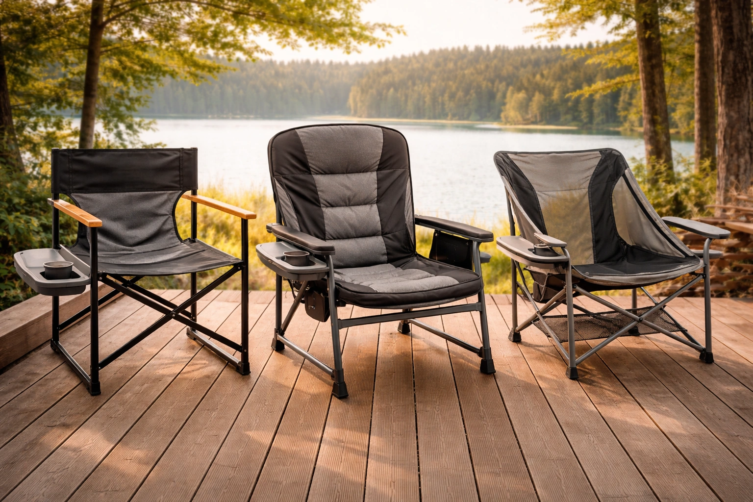 Three different camping chairs with side tables arranged on a wooden deck showing director, padded, and mesh styles