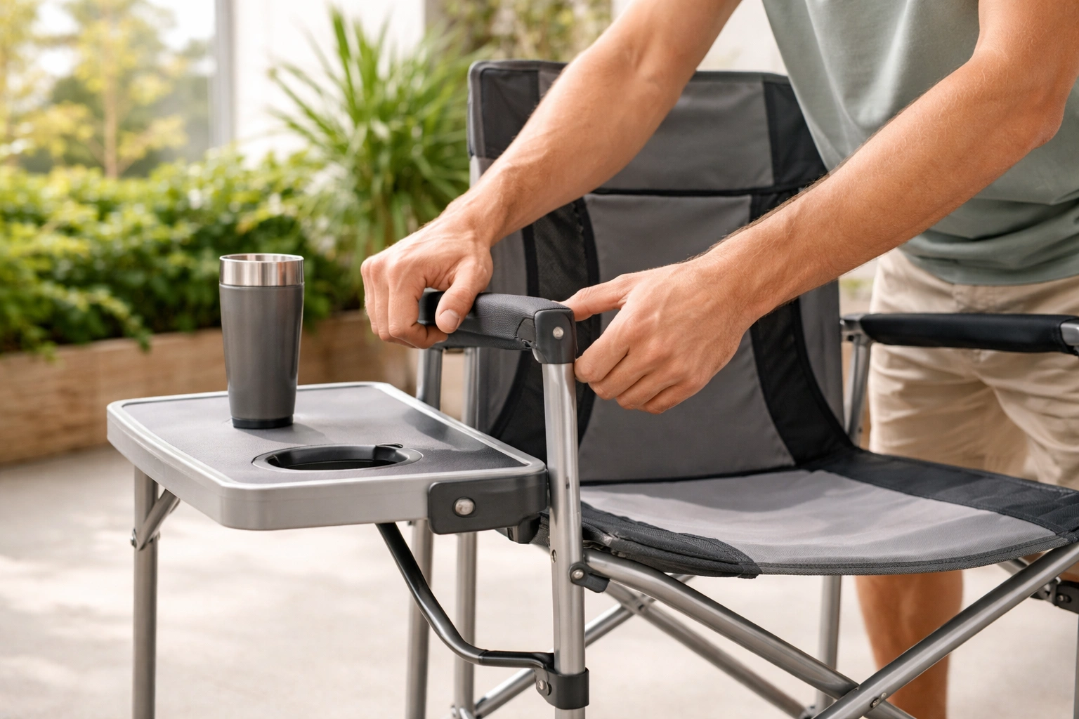 Close-up of heavy-duty camp chair frame showing reinforced steel joints and sturdy side table attachment