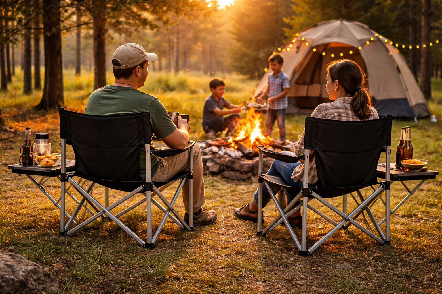 Family camping setup with director chairs around a campfire