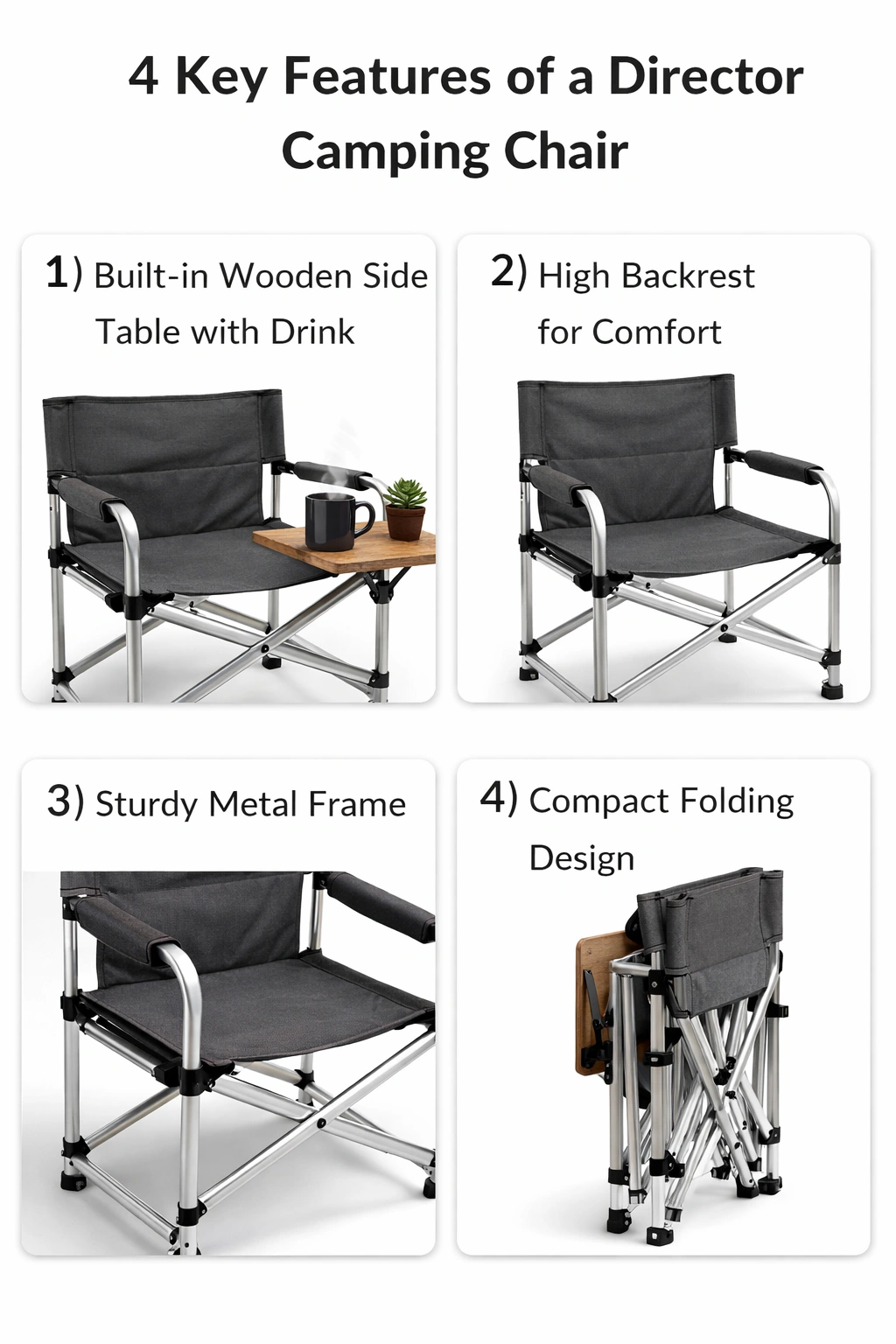 Director chair camping features: built-in side table, high back, sturdy frame