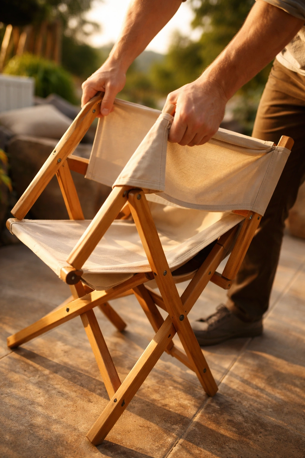 Director-style camping chair being folded showing scissor mechanism