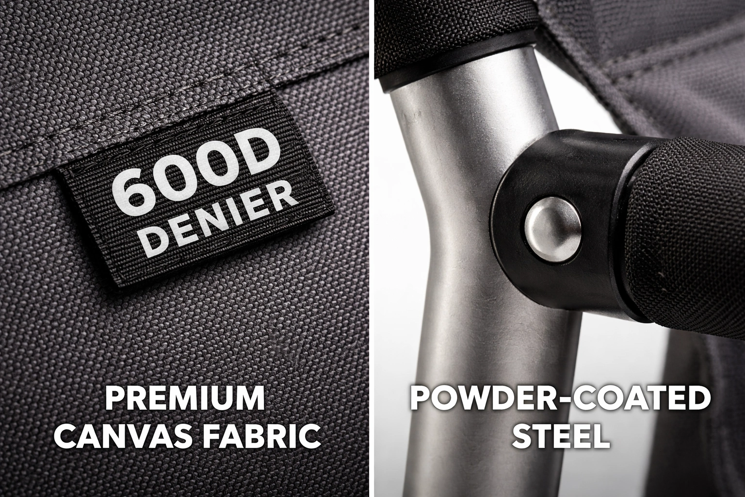 Close up of director chair materials: canvas fabric and powder-coated steel frame