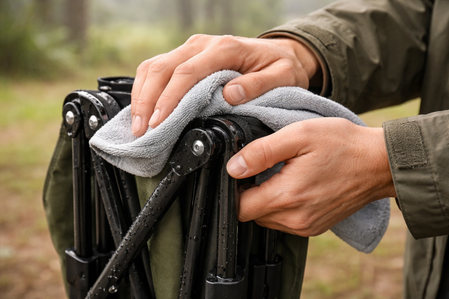 Wiping down a camping chair frame with microfiber cloth after rain to prevent rust