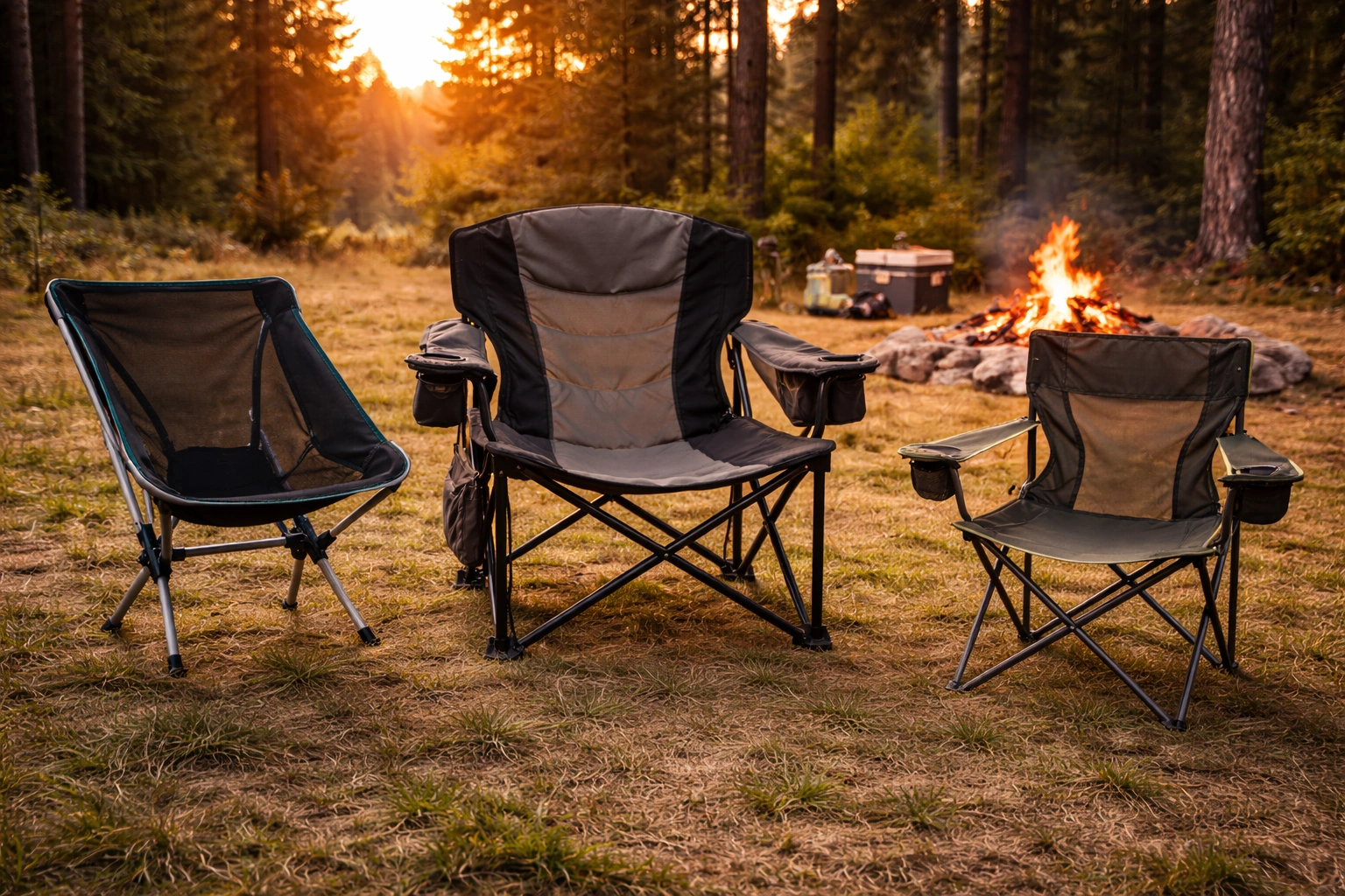 Three high-quality mesh camping chairs displayed at a campsite near campfire showing premium lightweight heavy-duty and standard options