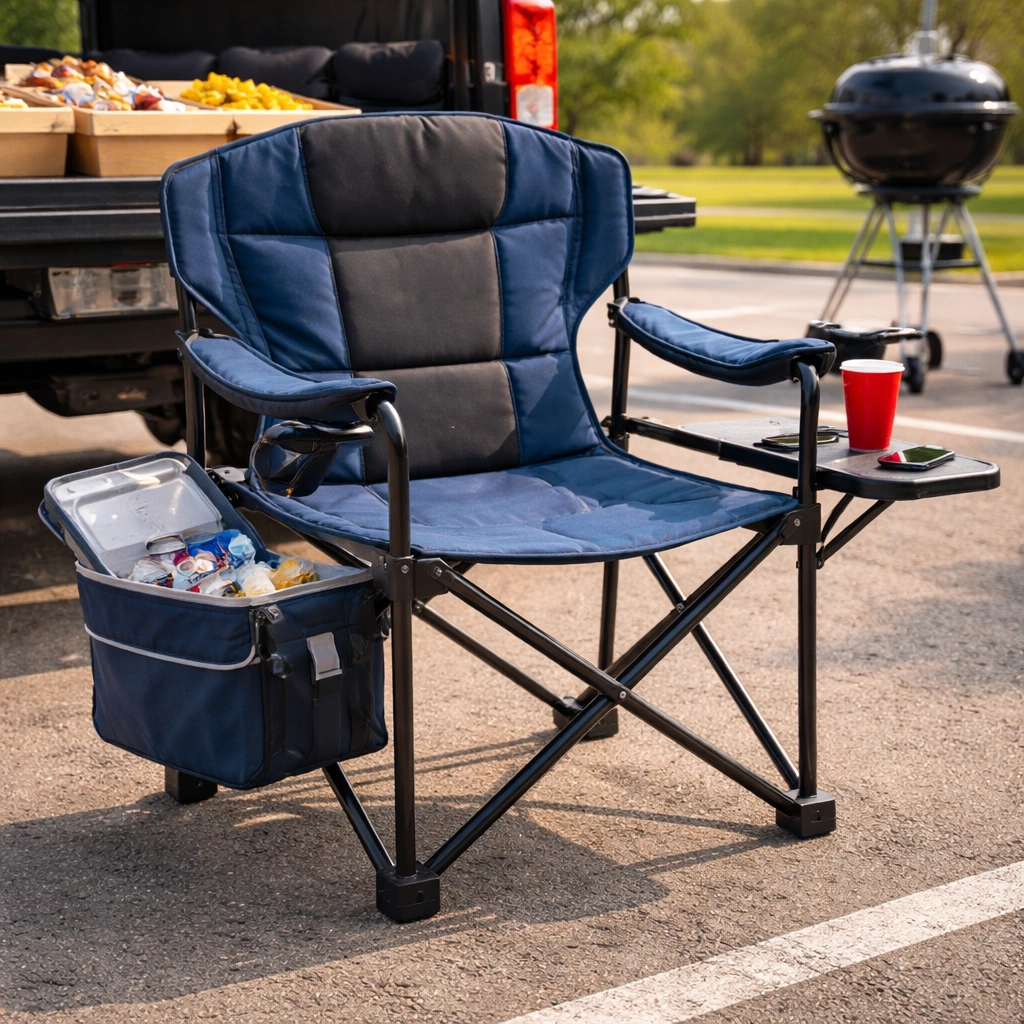 Durable tailgate chair with side table and cooler pouch