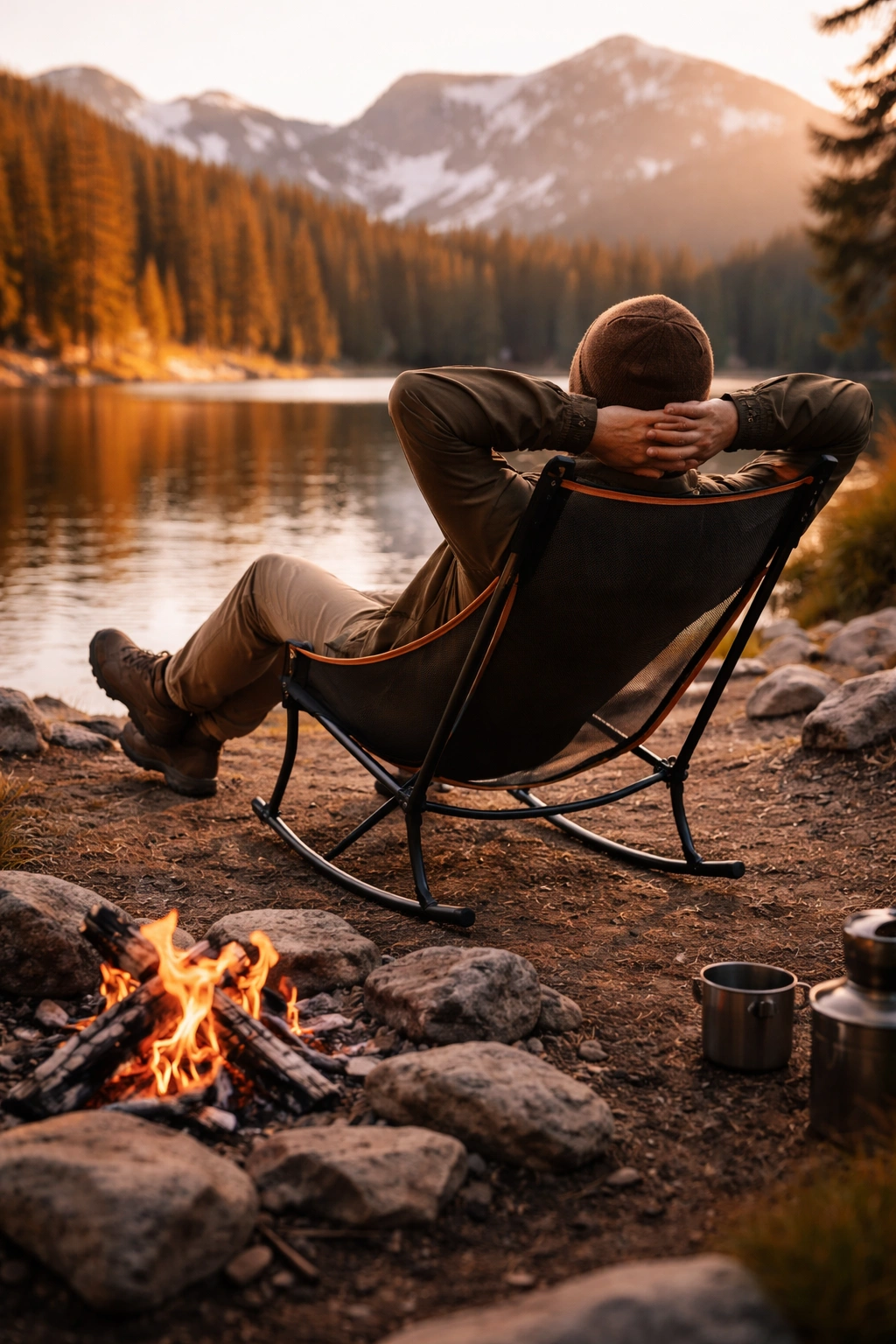 Person sitting relaxed in ergonomic mesh camping chair near campfire by alpine lake