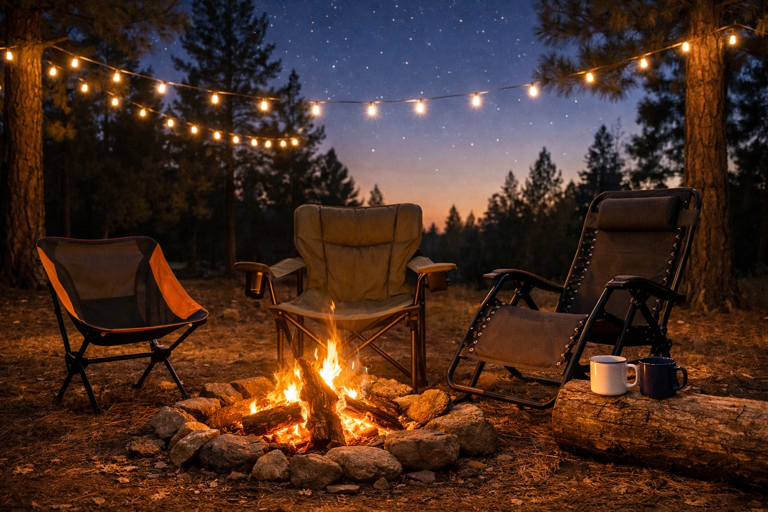 Three different camping chairs arranged around a crackling campfire at dusk in a pine forest including ultralight standard padded and zero-gravity recliner styles