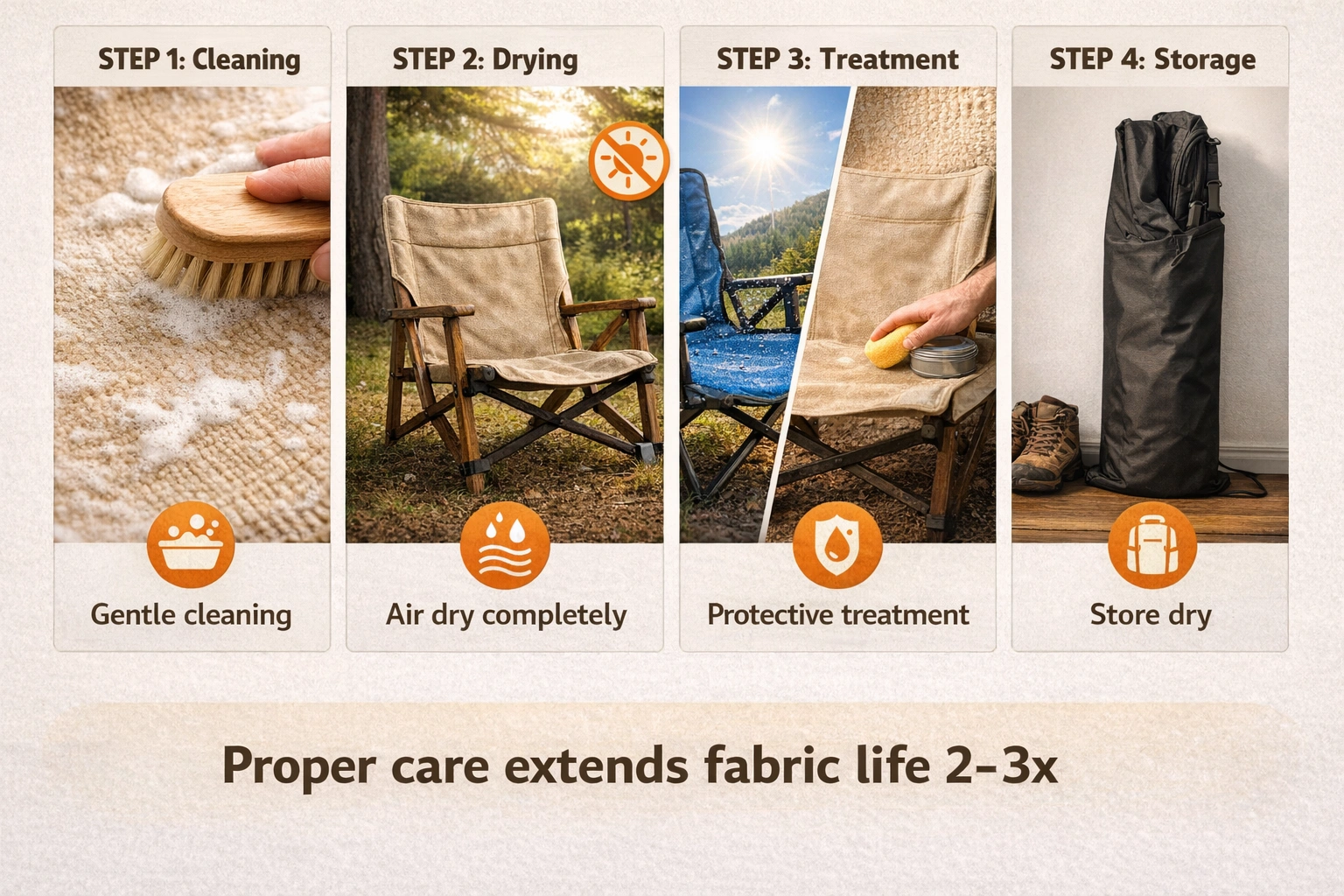 Step by step guide showing proper cleaning and storage of camping chair fabrics