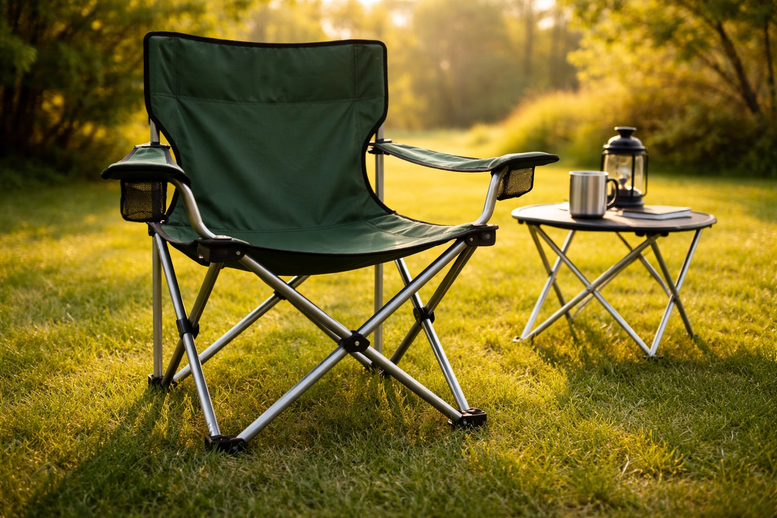 Fully restored camping chair with new clean fabric set up on green grass in sunny backyard with coffee cup on side table